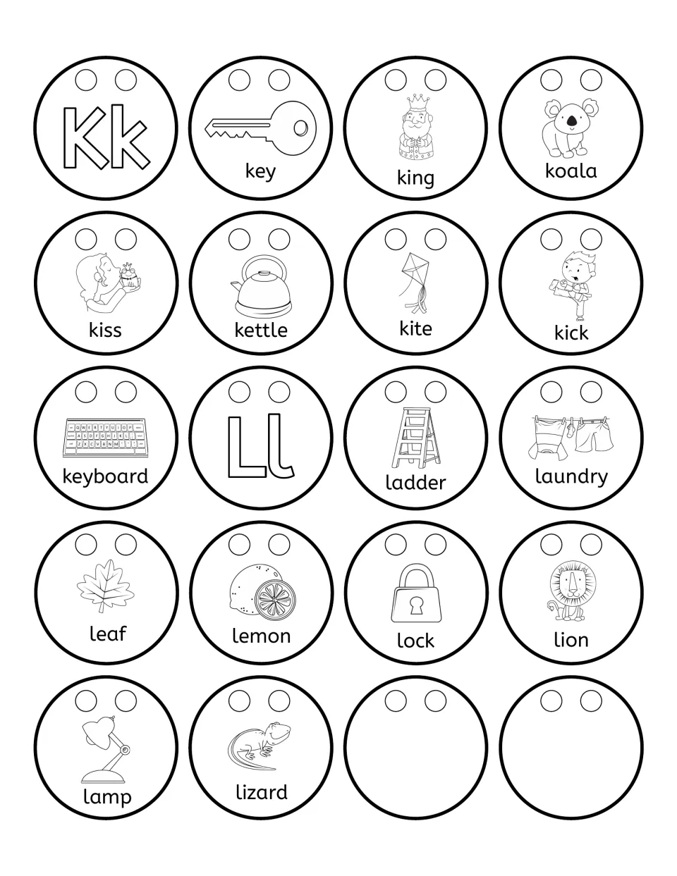Alphabet necklace beads for Kk and Ll: 16 picture words including key, kite, leaf, lizard, and two blanks