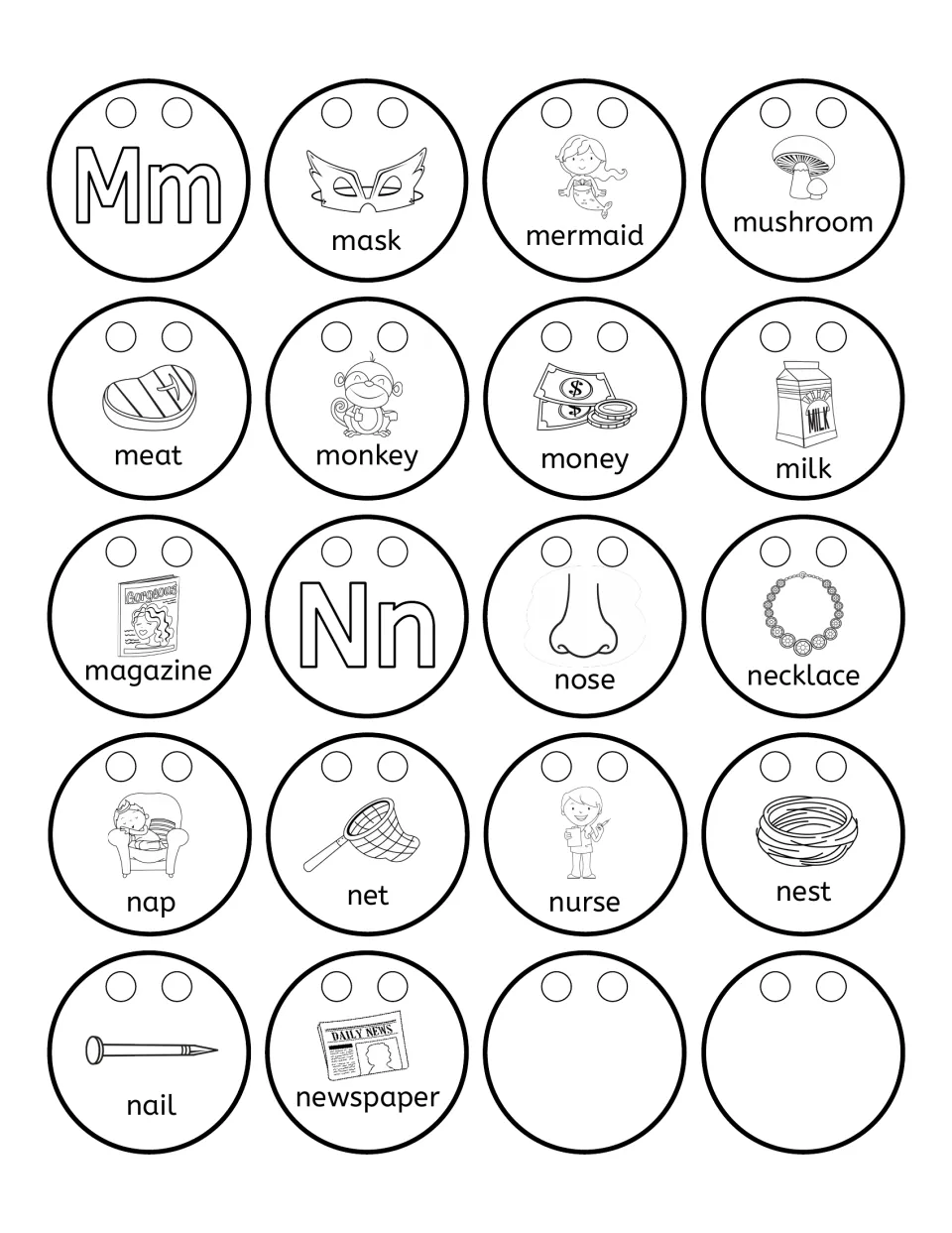Alphabet necklace beads for Mm and Nn: 16 picture words including mask, milk, nose, nest, and two blanks