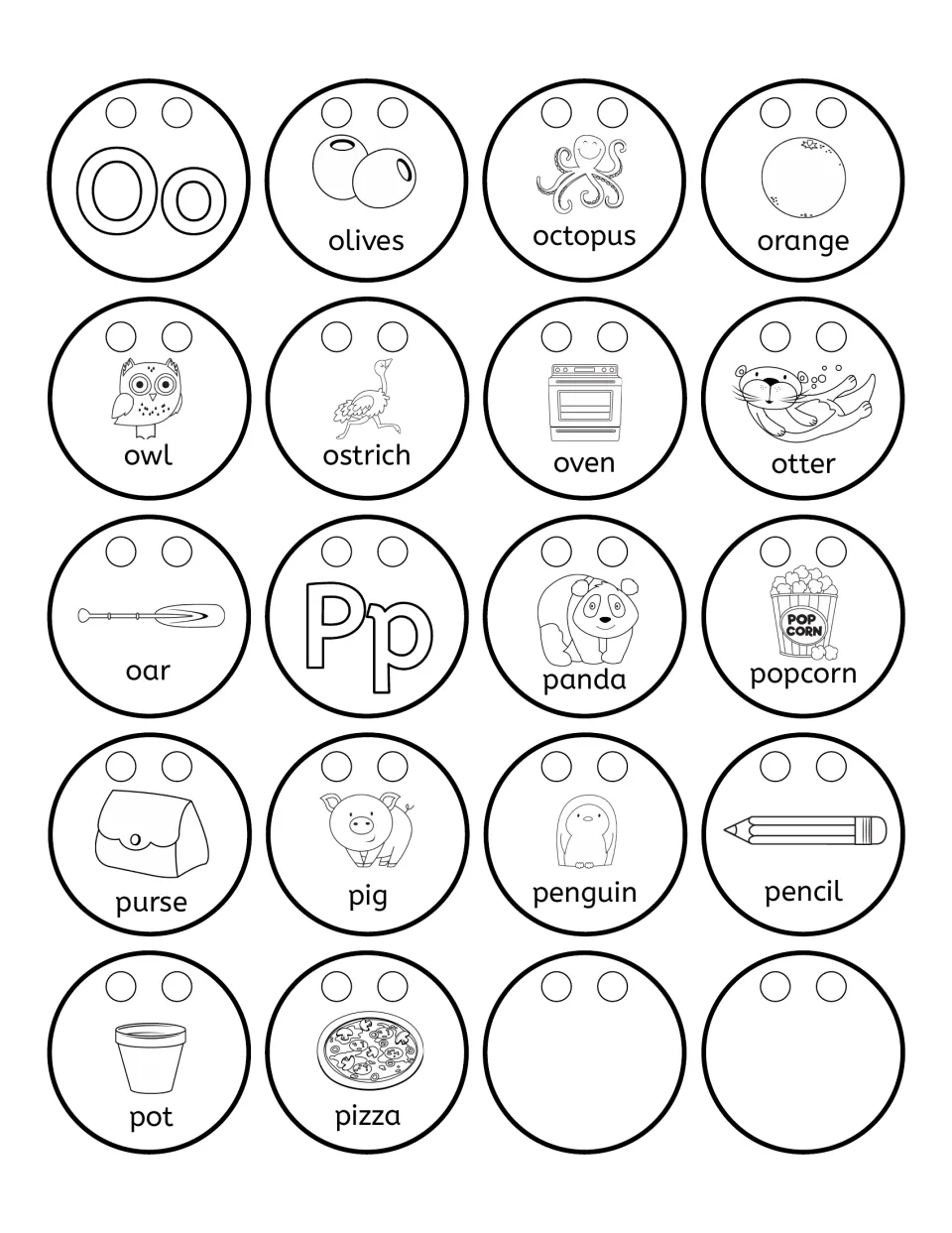Alphabet necklace beads for Oo and Pp: 16 picture words including olives, owl, panda, pizza, and two blanks