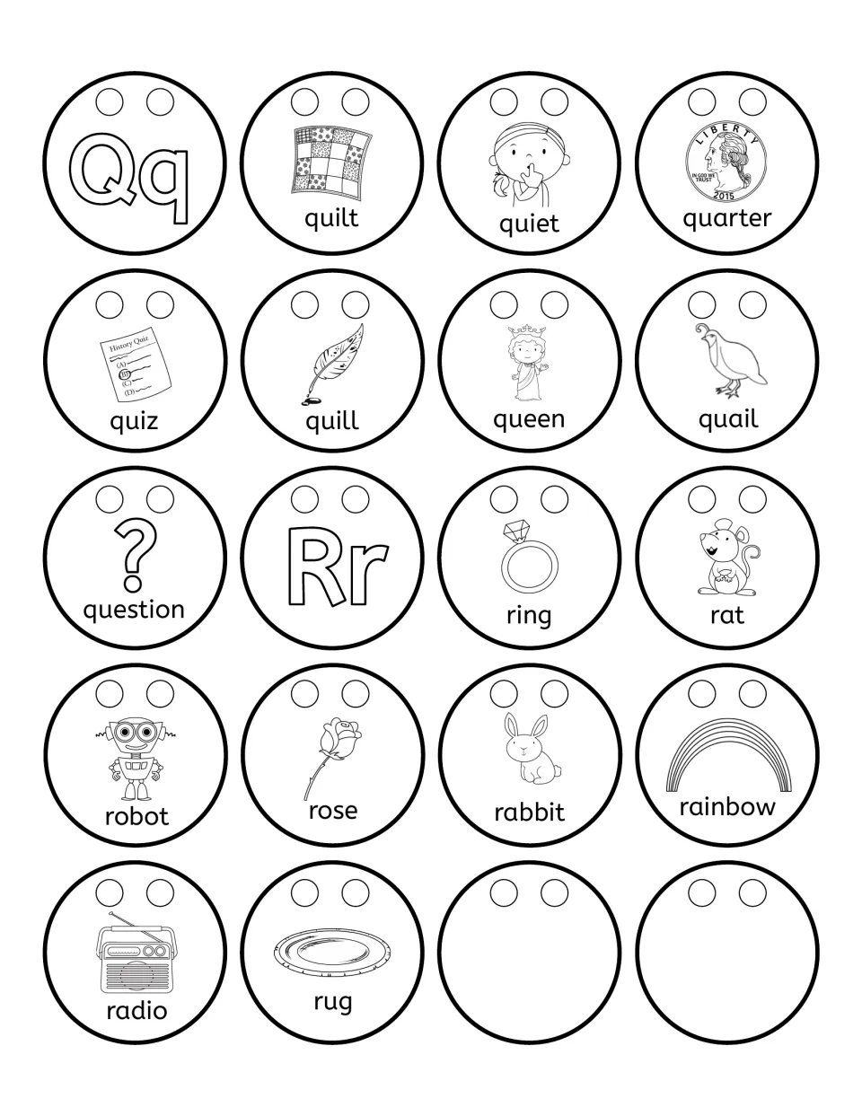 Alphabet necklace beads for Qq and Rr: 16 picture words including quilt, queen, ring, robot, and two blanks