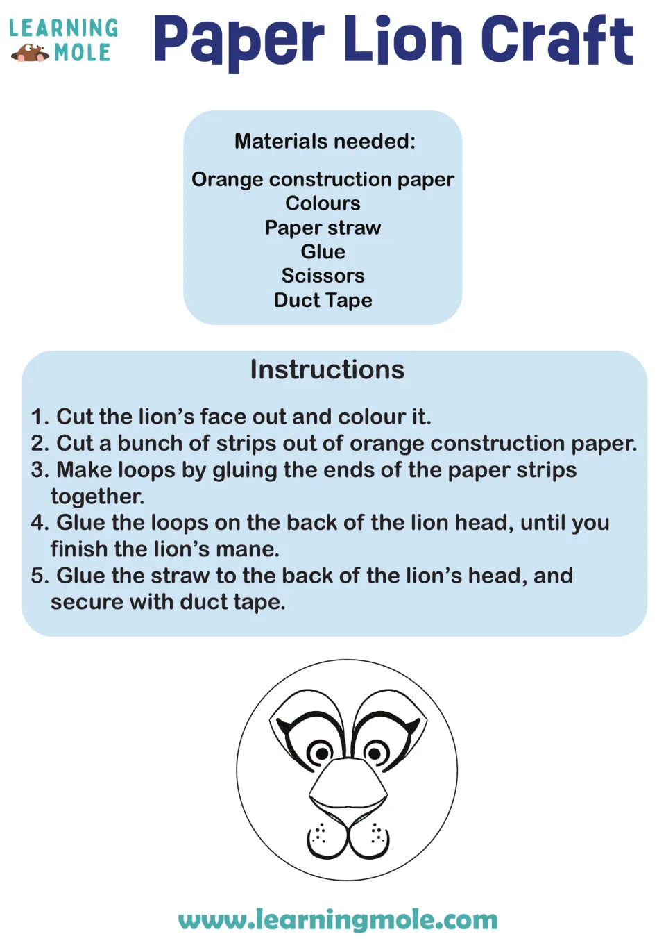 Lion puppet craft: students color and cut out a lion face, glue paper-strip loops as a mane and tape on a straw