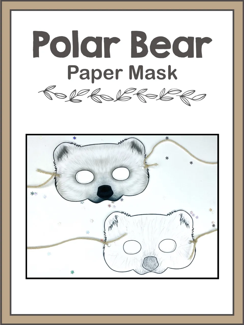 Polar bear paper mask craft cover showing completed colored and black-and-white masks with string ties