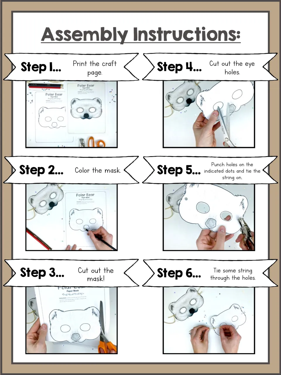 Six photo assembly steps for the mask: print, color, cut out the mask and eyes, punch holes, and tie string
