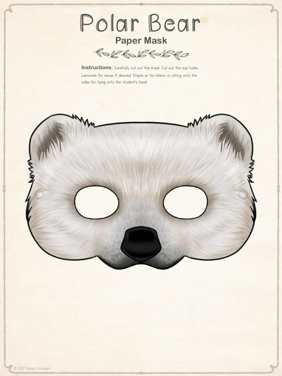 Colored polar bear mask template with shaded fur, a black nose, eye cutouts, and marked holes for string