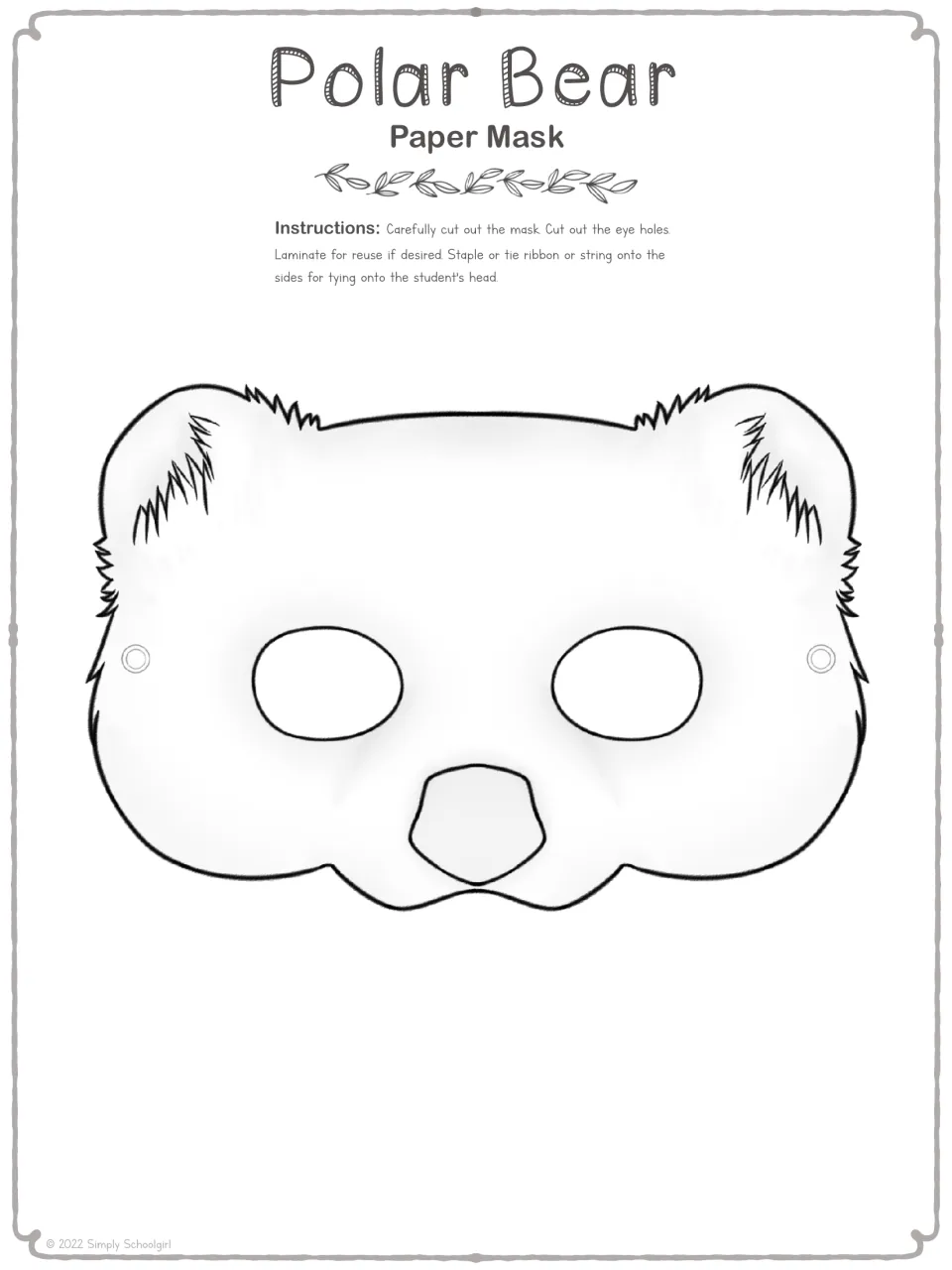 Black-and-white polar bear mask template to color, with eye cutouts and marked side holes for string ties