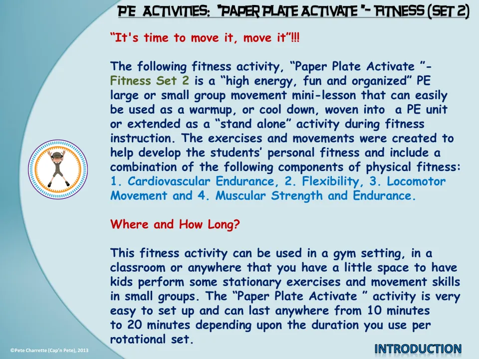 Fitness activity introduction lists four fitness components, locations, and a 10- to 20-minute duration
