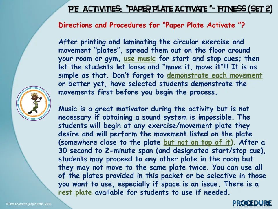 Exercise plate rotation directions explain movement demonstrations, start/stop cues, and rest plate use
