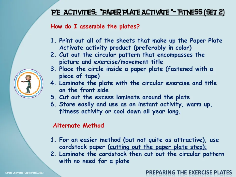 Exercise plate assembly instructions cover printing, cutting, taping, laminating, and a cardstock option