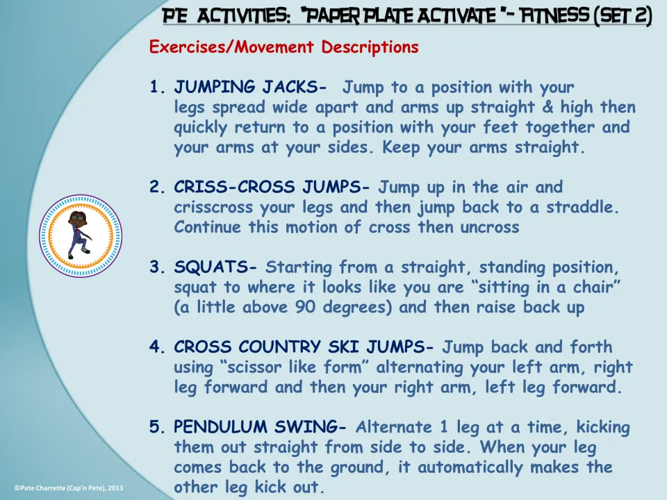 Movement descriptions 1–5 explain jumping jacks, criss-cross jumps, squats, ski jumps, and pendulum swing