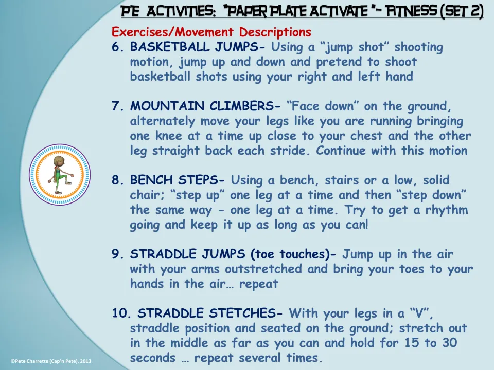 Movement descriptions 6–10 cover basketball jumps, mountain climbers, bench steps, and two straddle exercises