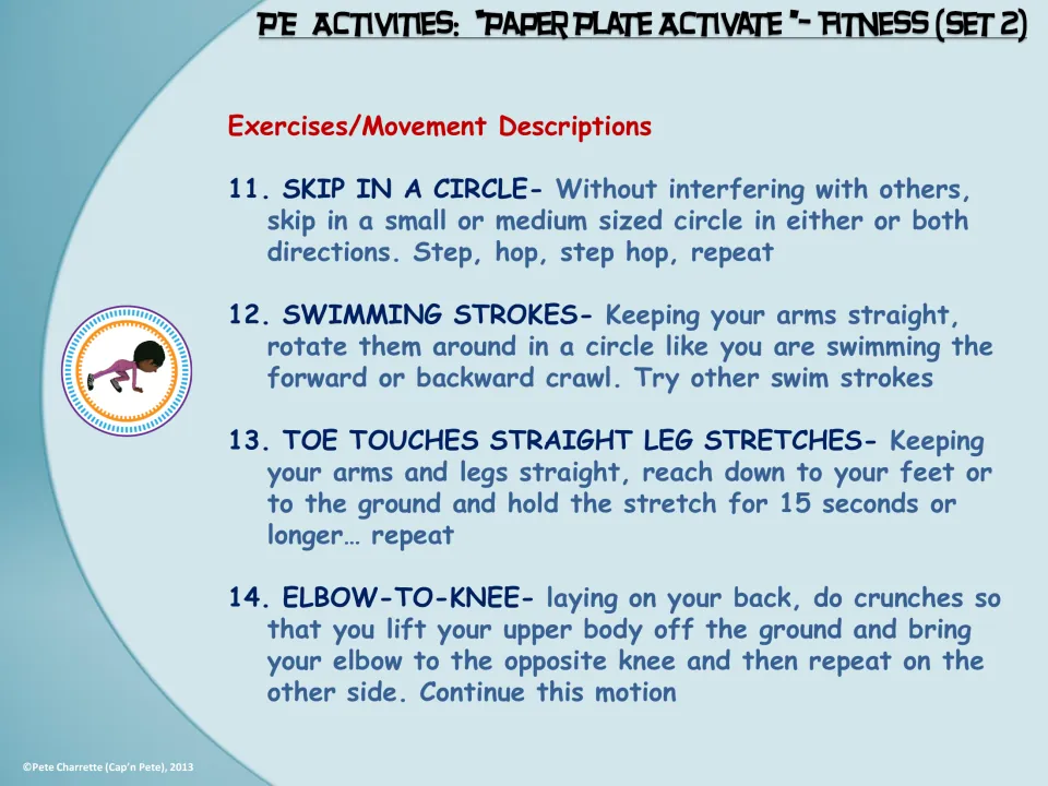 Movement descriptions 11–14 explain skipping in a circle, swimming strokes, toe touches, and elbow-to-knee