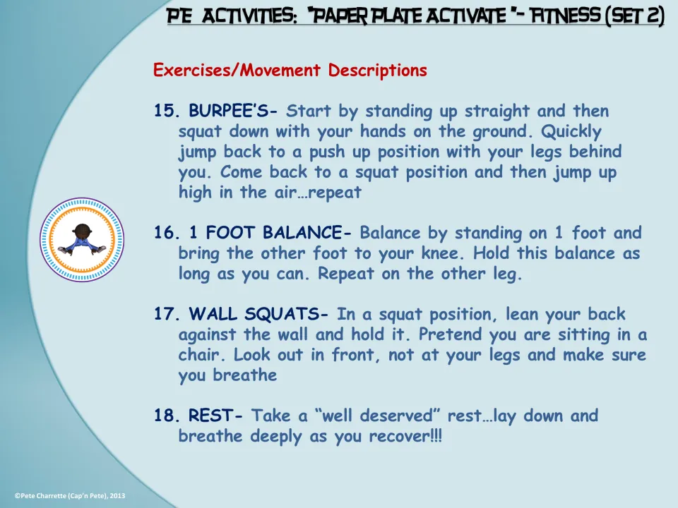 Movement descriptions 15–18 explain burpees, one-foot balance, wall squats, and resting with deep breaths