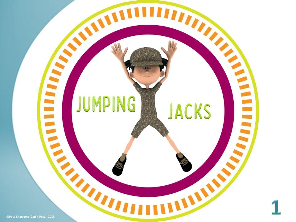 Exercise plate 1 labels jumping jacks and illustrates the movement with arms raised and legs spread apart