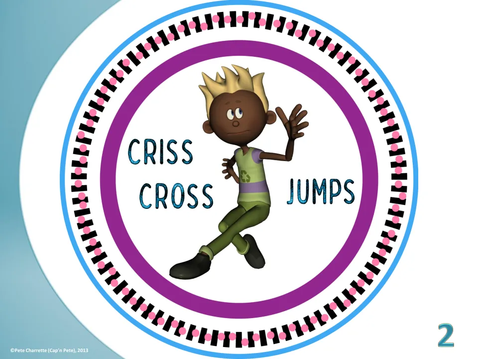 Exercise plate 2 labels criss-cross jumps and illustrates the movement with a child crossing their legs