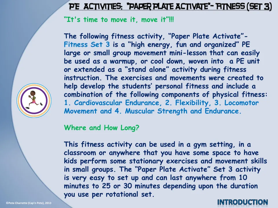 Fitness activity introduction lists four fitness components, suggested settings, and sessions of 10–30 minutes