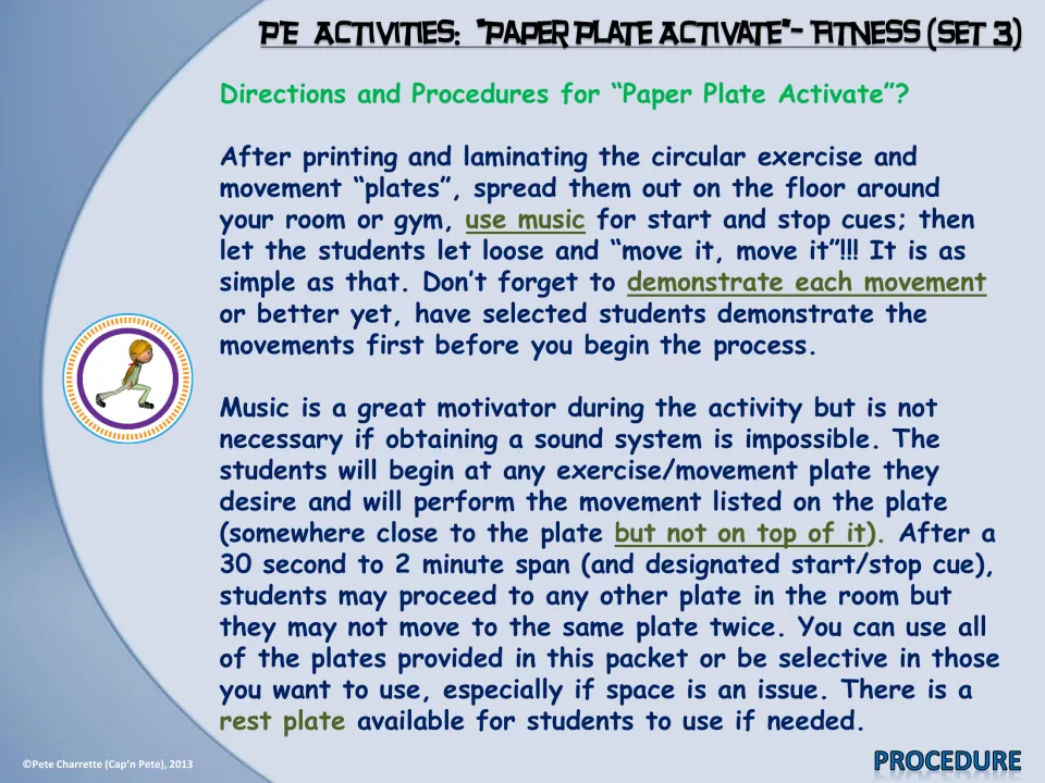 Fitness plate rotation directions explain movement demonstrations, optional music, and 30-second to 2-minute turns