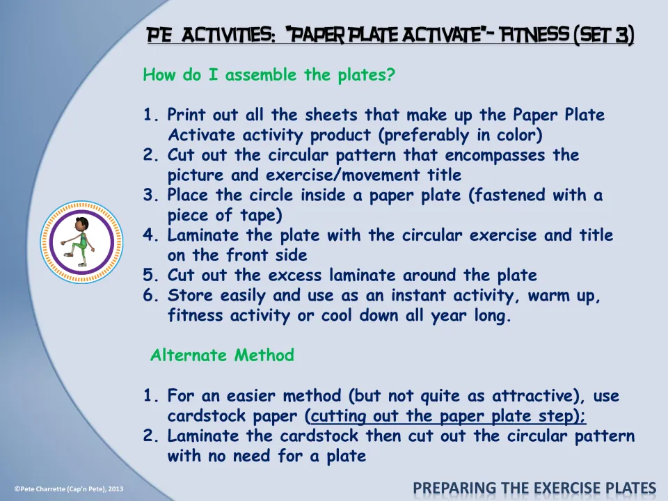 Exercise plate assembly directions cover printing, cutting, taping, and laminating, plus a cardstock alternative