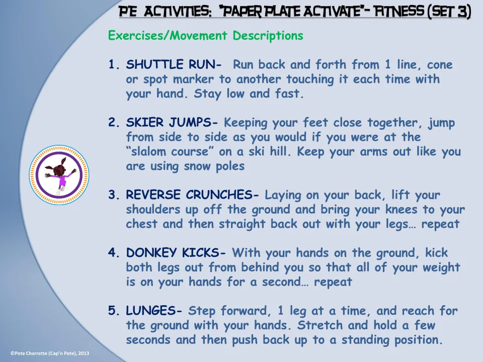 Exercise descriptions 1–5 explain shuttle run, skier jumps, reverse crunches, donkey kicks, and lunges