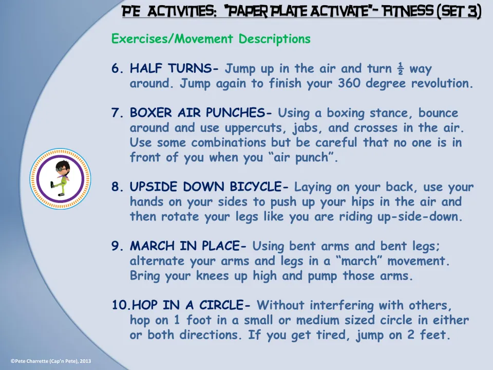 Exercise descriptions 6–10 cover half turns, boxer air punches, upside down bicycle, march in place, and circle hops