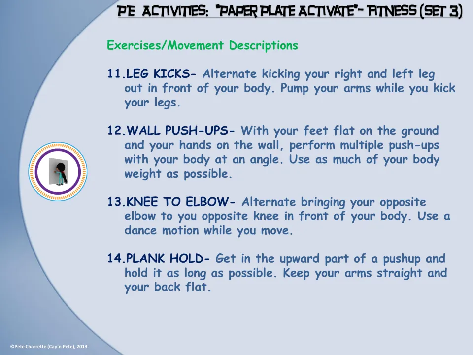 Exercise descriptions 11–14 explain leg kicks, wall push-ups, knee to elbow movements, and a straight-arm plank hold