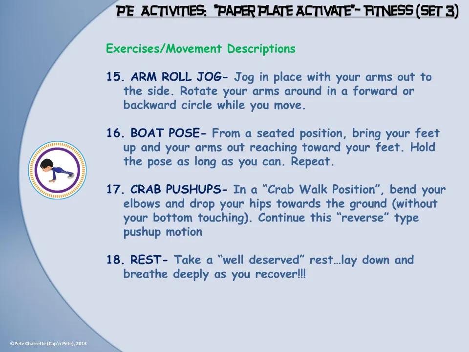 Station descriptions 15–18 explain arm roll jog, boat pose, crab pushups, and a rest with deep breathing