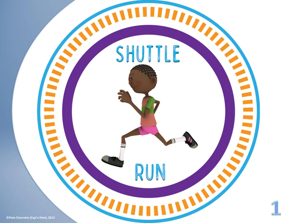 Exercise plate 1 of 18: Shuttle Run, with a running child illustrating the movement for the fitness station