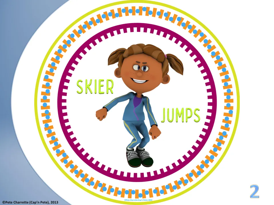 Exercise plate 2 of 18: Skier Jumps, with a child keeping feet together to illustrate the station movement