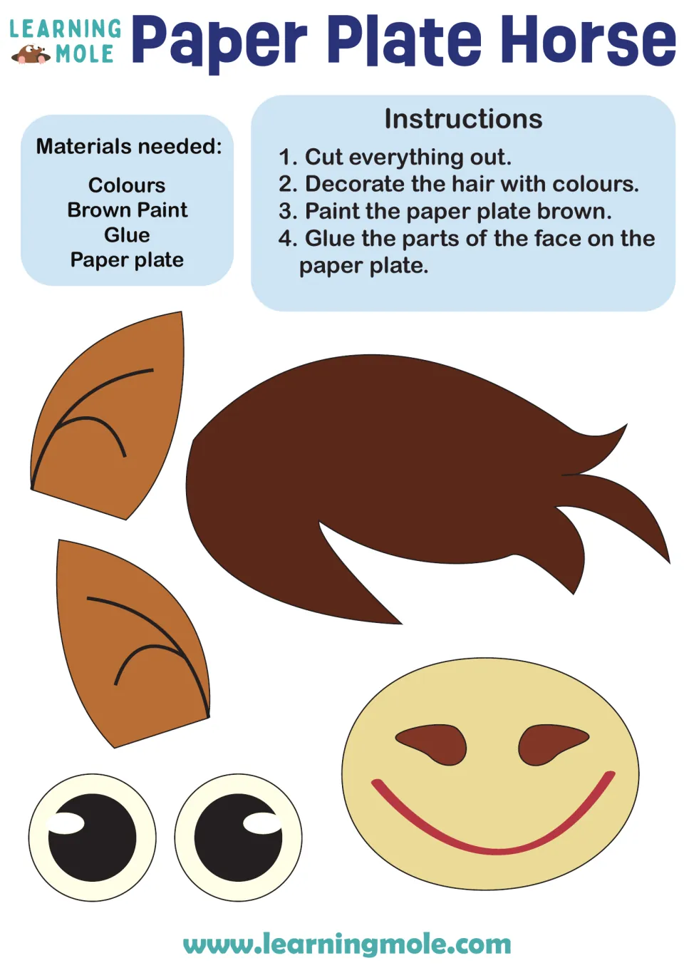 Paper plate horse craft: students cut out ears, mane, eyes and muzzle, paint a plate brown and glue the face parts on