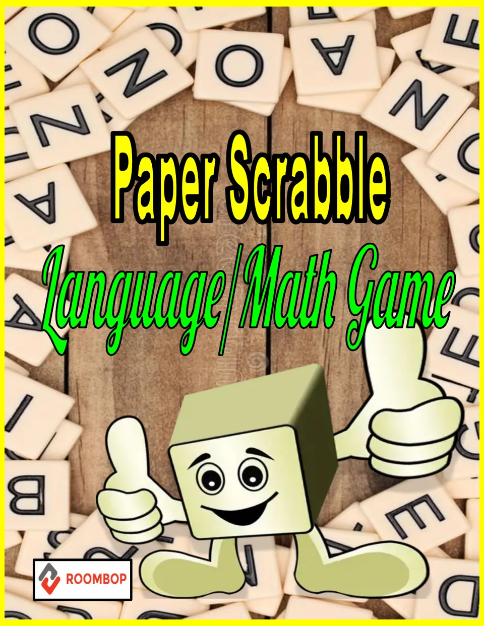 Paper Scrabble Language/Math Game cover: title over a pile of letter tiles with a smiling cube mascot giving a thumbs up
