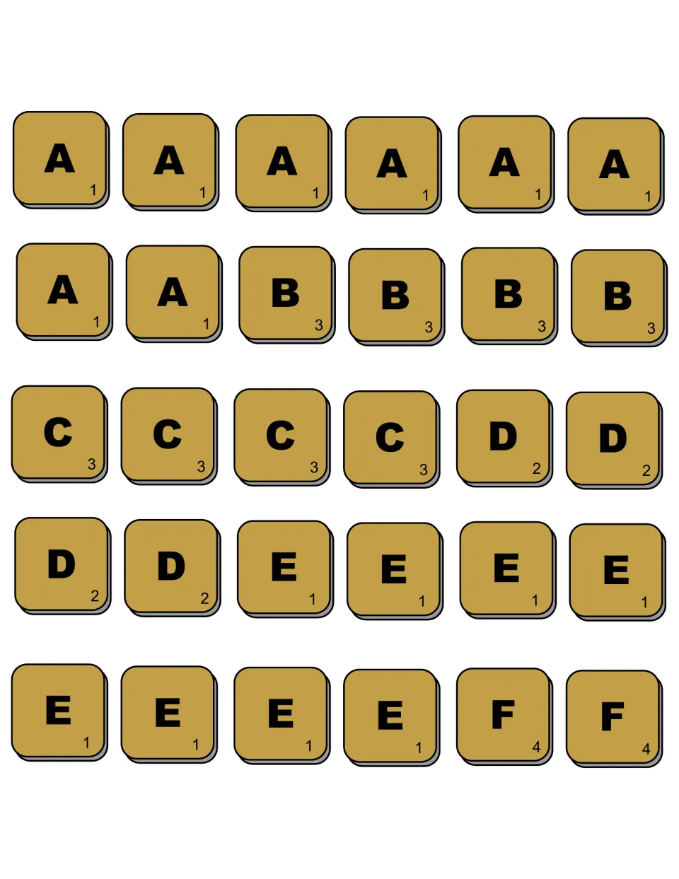 Gold letter tiles A to F with point values for spelling and scoring words: A and E worth 1, B and C worth 3, D 2 and F 4