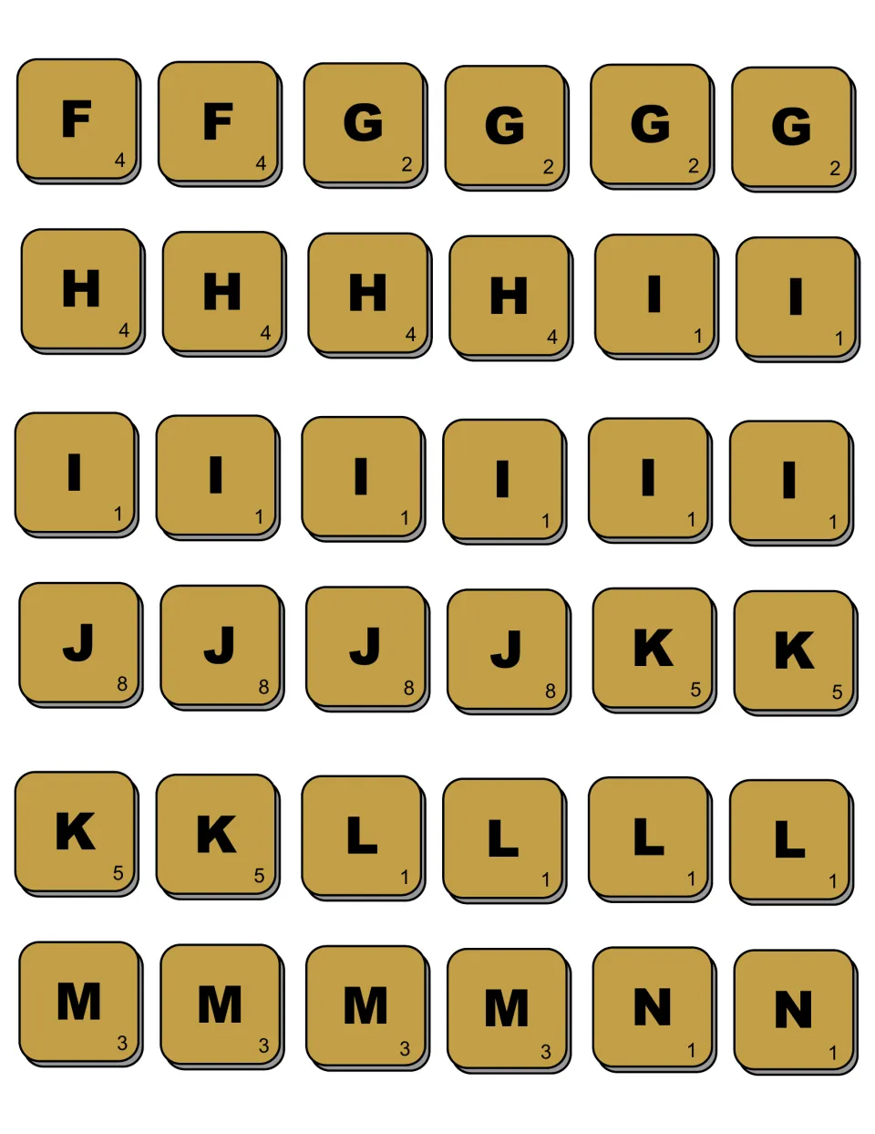 Gold tiles F through N for spelling words and adding up their value; J is marked 8, K is 5, H is 4 and there are eight I's