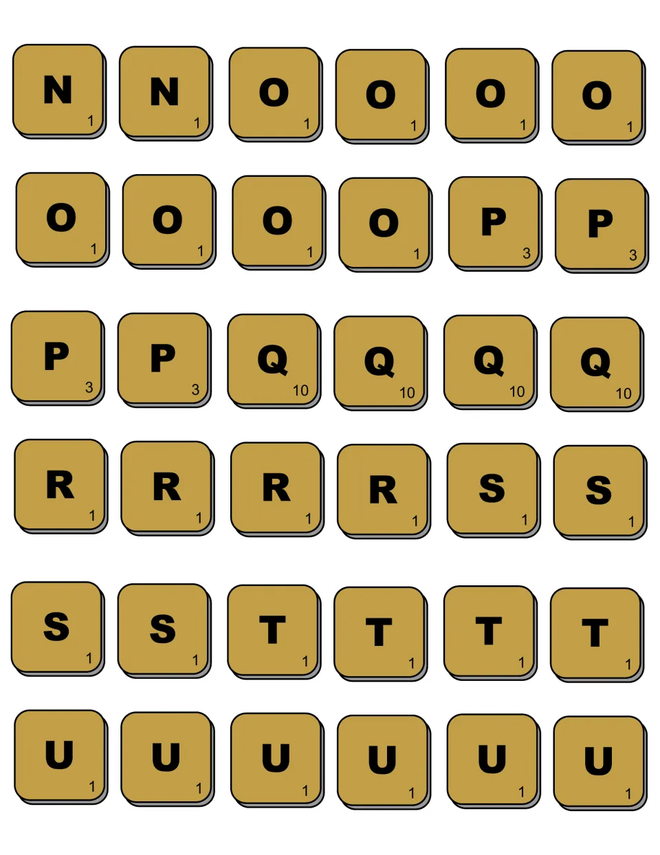Color tiles N to U for building and scoring words, with four Q's at 10 points, P at 3 and a set of eight O vowels