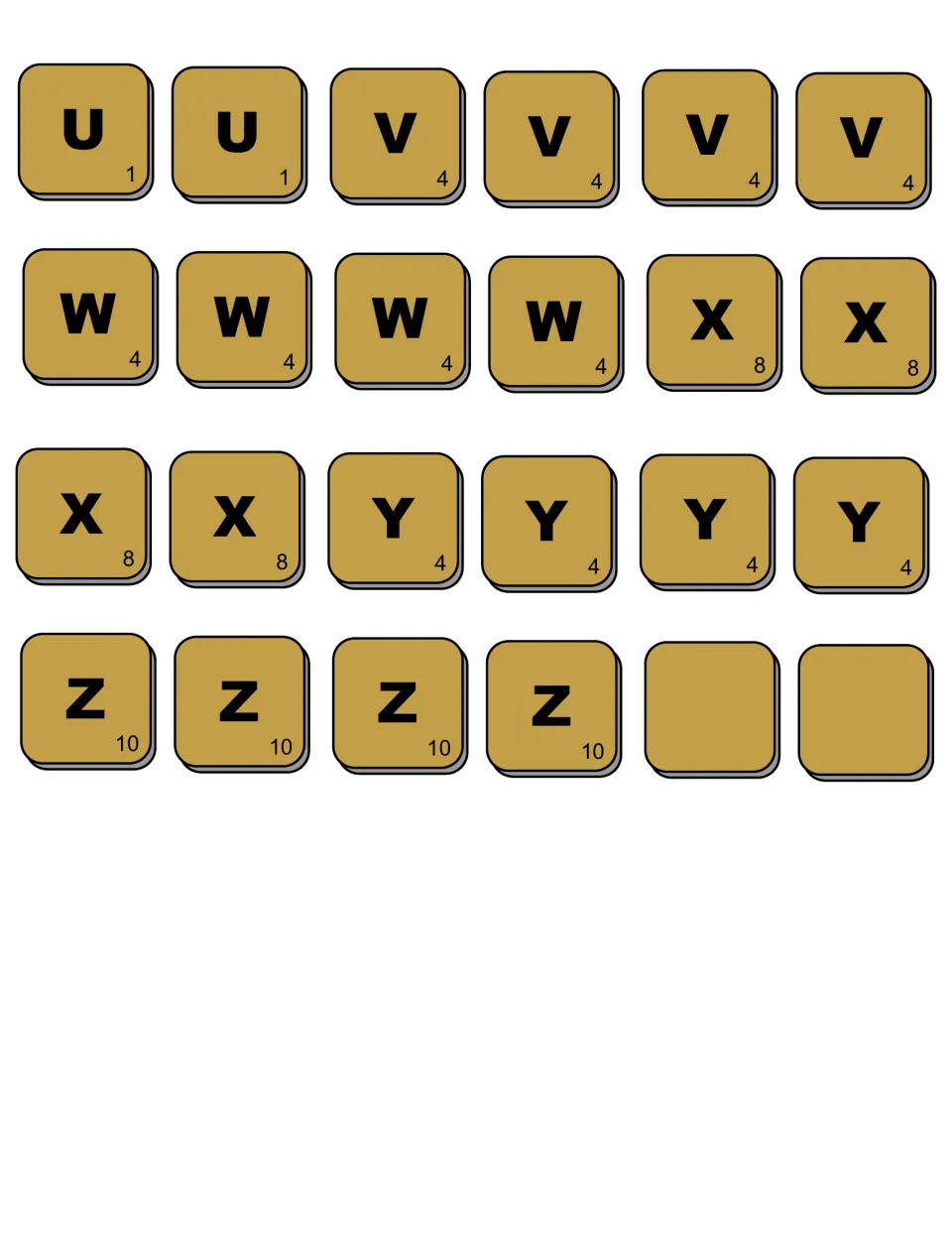 Last gold sheet: U to Z plus two blanks; X scores 8, Z is 10 and V, W and Y are each worth 4 when spelling words