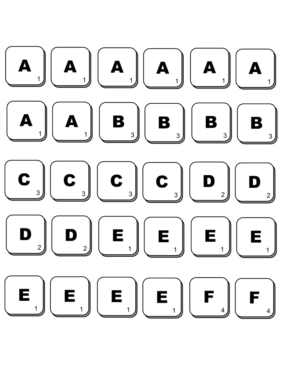 Black-and-white letter tiles A to F for photocopying, each marked with its point value, such as A worth 1, B 3 and F 4
