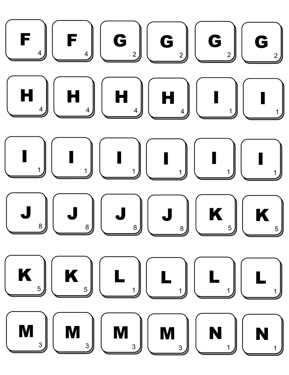 Photocopy version of tiles F to N in black and white, with J at 8 points and K at 5 for word scoring
