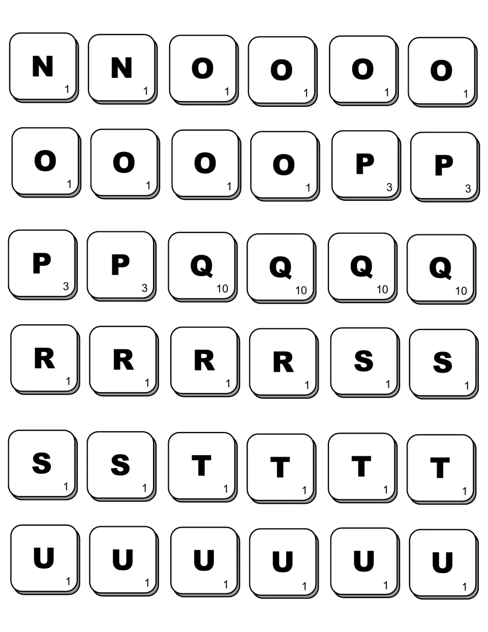 Printer-friendly B&W letters N to U for spelling and scoring, with four Q's worth 10 and eight O's at 1 point