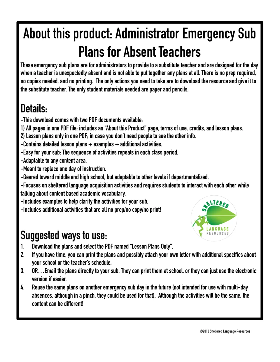 Emergency sub plan overview explains the two PDF versions, paper-and-pencil materials, and one-day use.