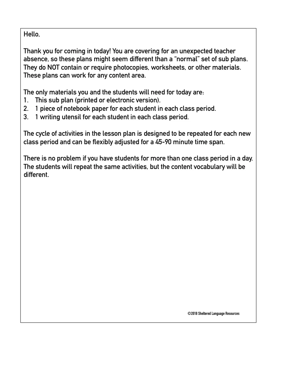 Substitute introduction lists the lesson plan, notebook paper, and a writing utensil for 45–90-minute classes.
