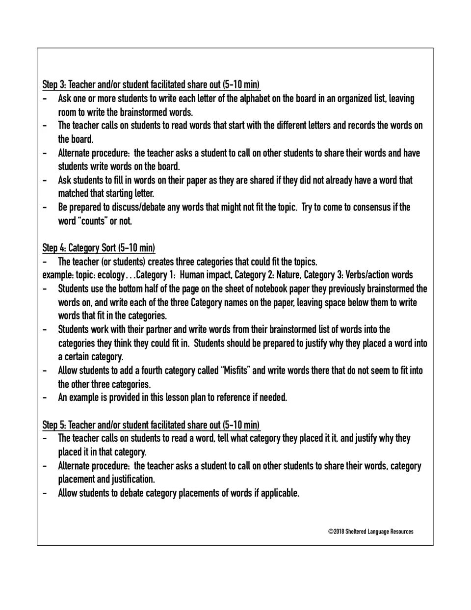 Lesson plan steps 3–5 guide vocabulary sharing, a category sort, and explanations of word placements.