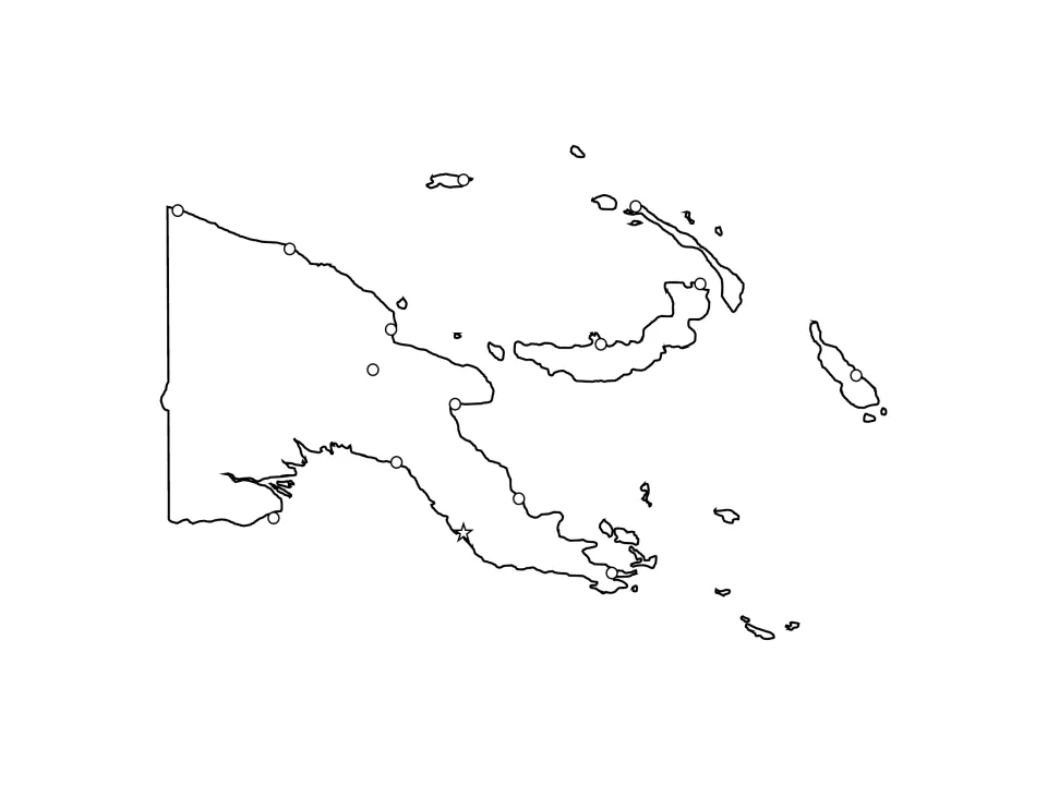 Outline map with unlabeled city dots and a capital star; students write in town names and the capital for map labeling
