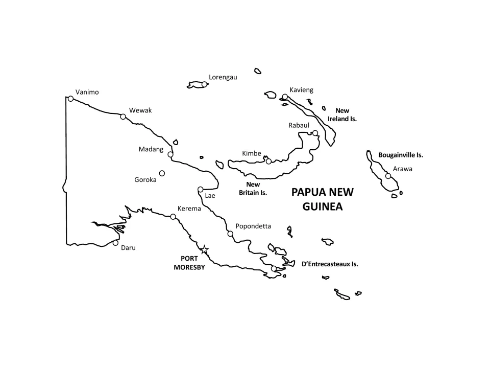 Labeled country map naming Port Moresby, Lae, Madang, Rabaul, Arawa and other towns plus New Britain and Bougainville