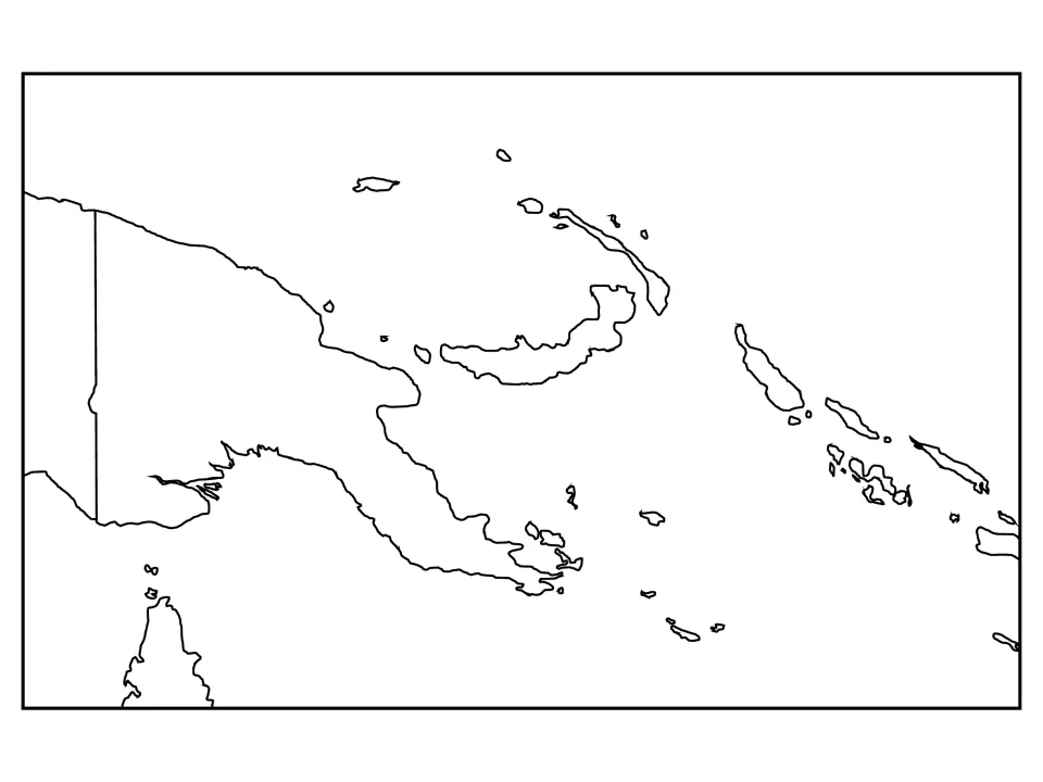 Blank regional map showing New Guinea with neighbors Indonesia, northern Australia and the Solomon Islands to label