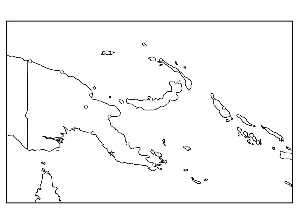 Regional outline map with town dots and a capital star but no names; students label cities, seas and neighboring lands