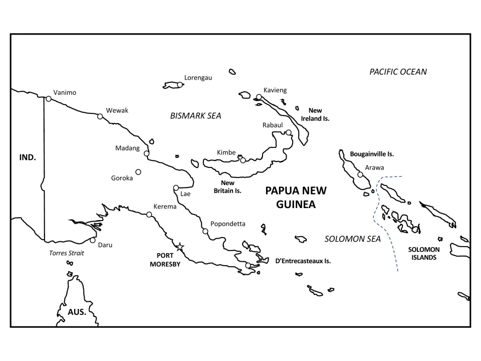 Labeled regional map showing towns, the capital, Bismark and Solomon seas, Torres Strait and neighboring Solomon Islands