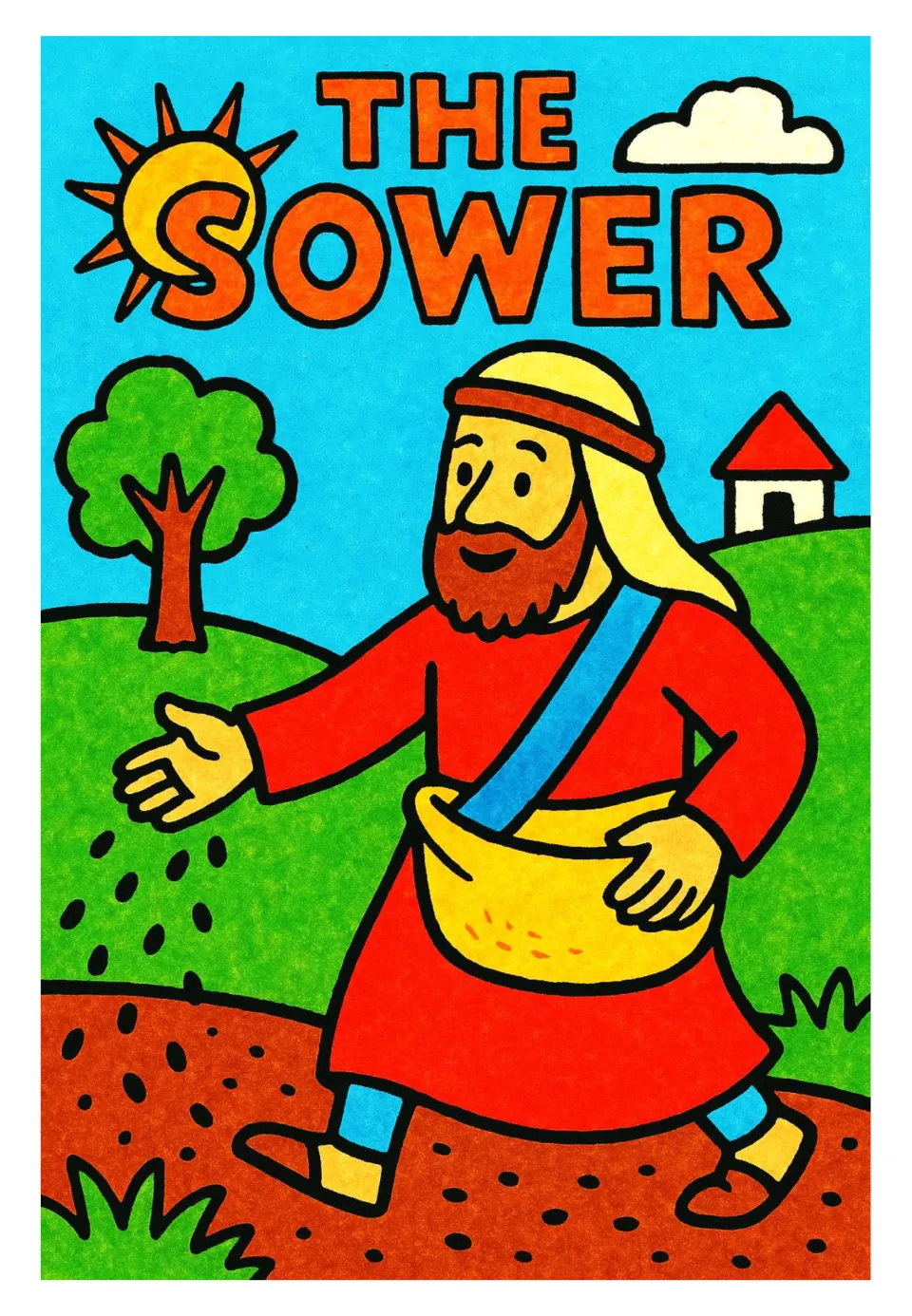 The Sower poster card: a bearded man in a red robe scatters seeds from a shoulder bag onto plowed soil beside green hills