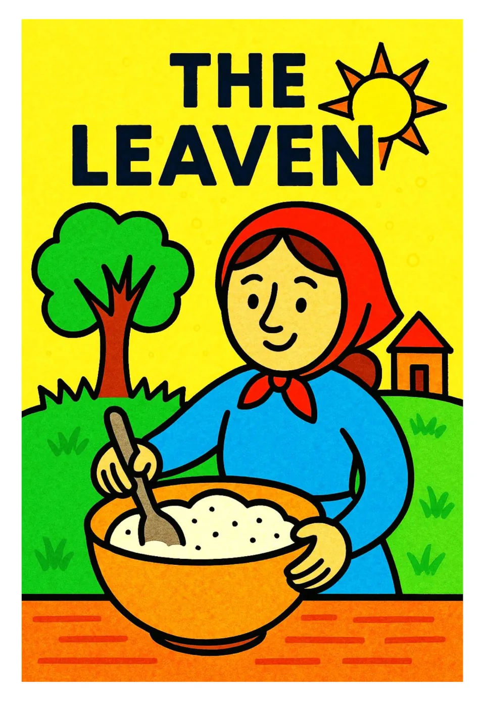 The Leaven poster card: a smiling woman in a red headscarf stirs dough in a large orange bowl with a wooden spoon