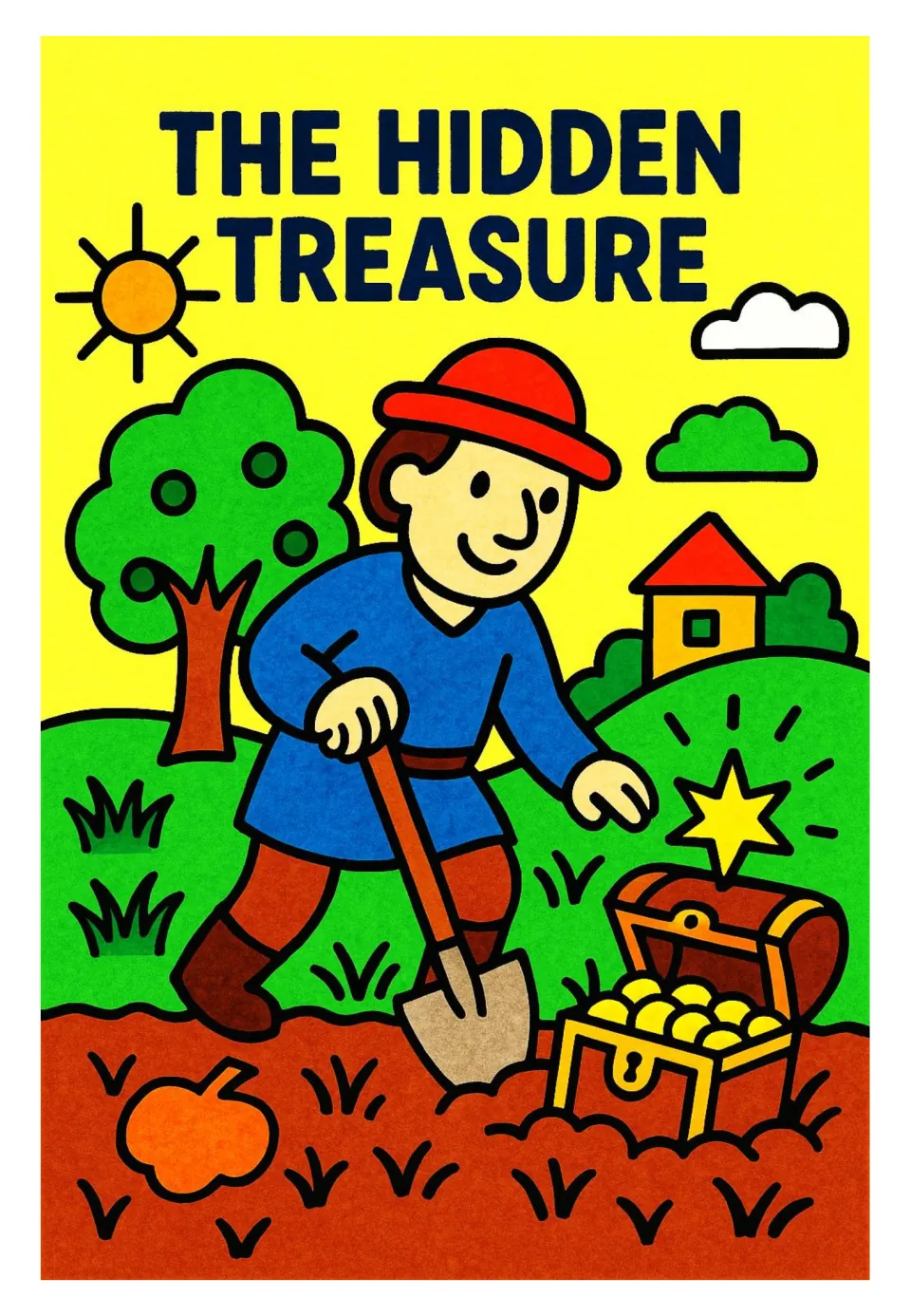 The Hidden Treasure poster card: a man in a red hat digs with a shovel and uncovers a sparkling chest full of gold coins