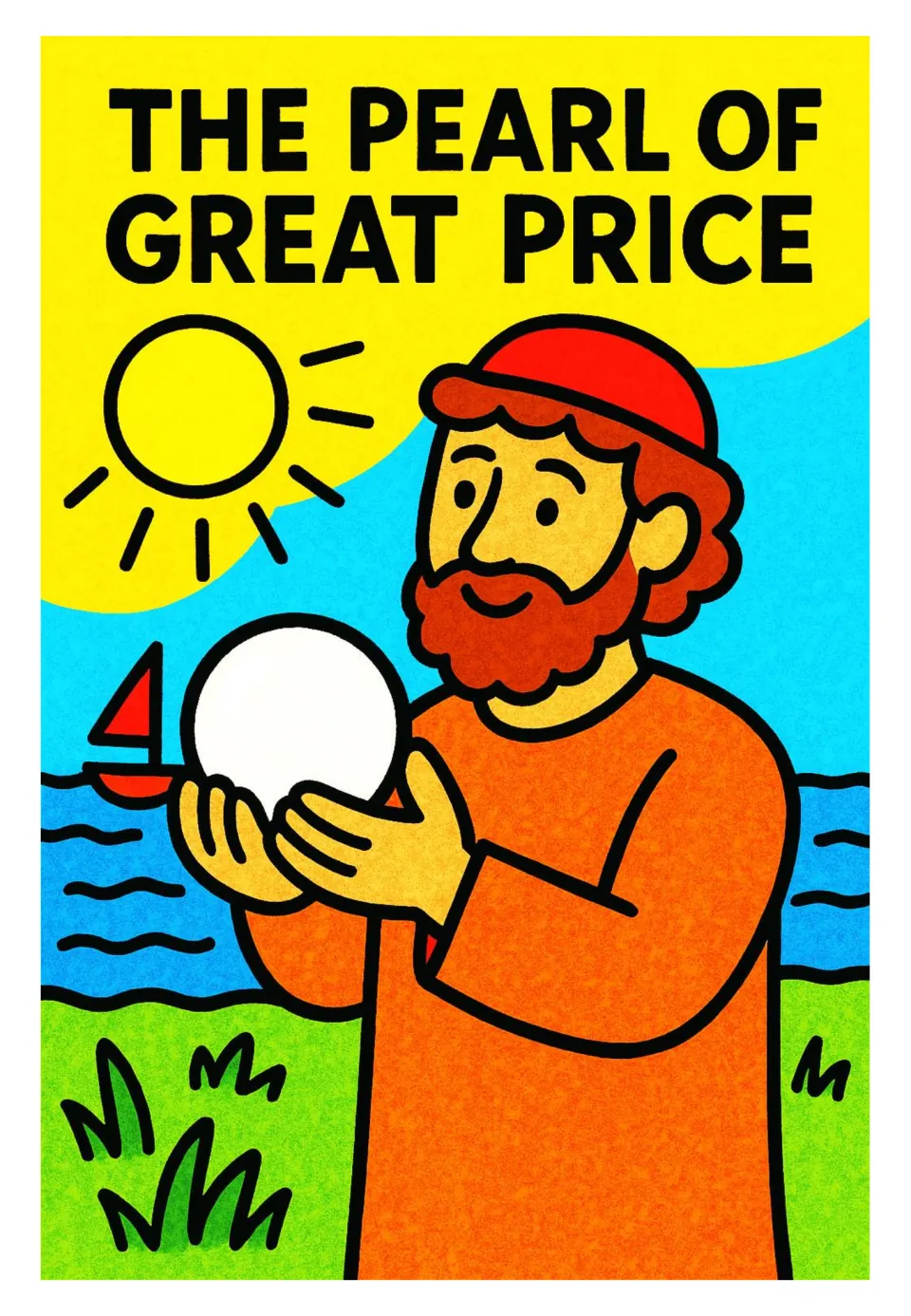 The Pearl of Great Price poster card: a bearded man in an orange robe holds a large white pearl by the sea with a sailboat