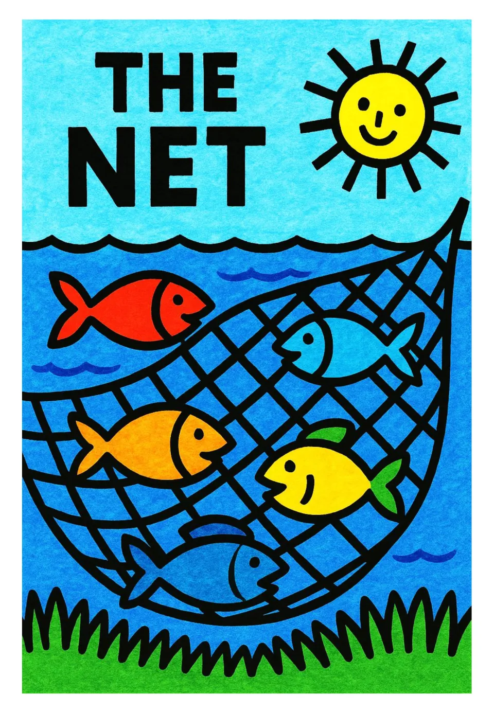 The Net poster card: a fishing net in blue water gathers five smiling fish of different colors under a smiling sun