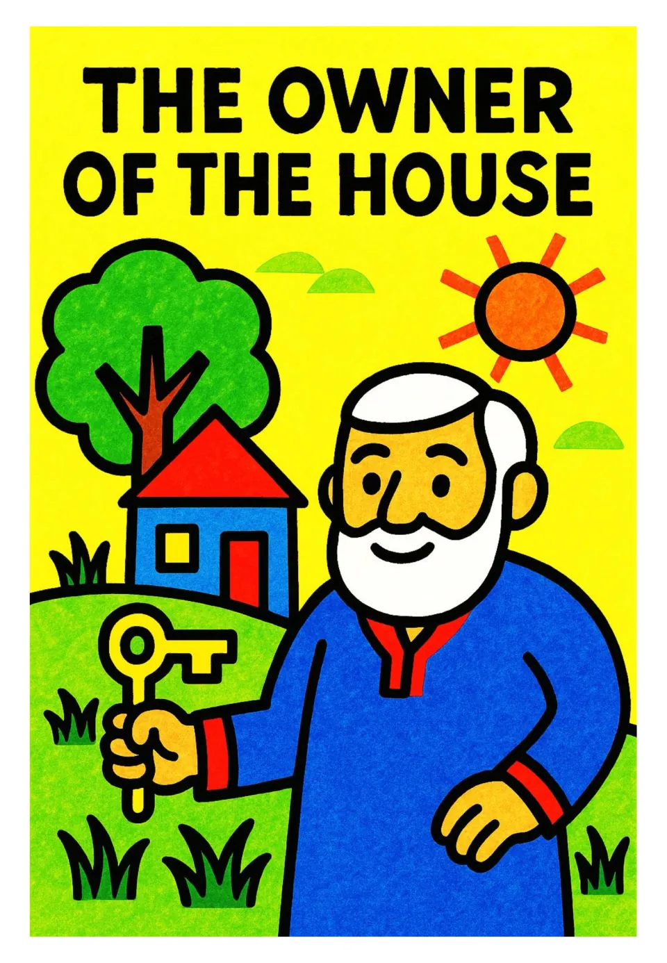 The Owner of the House poster card: a white-bearded man in a blue robe holds a golden key by a small blue house